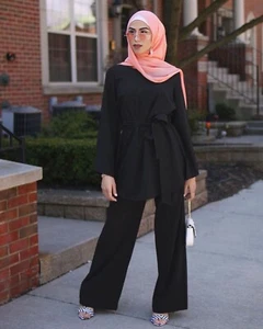 Muslim Islamic Women Long Sleeve Blouse Pants 2pcs Set Abaya Kaftan Outfits Robe - Picture 1 of 40