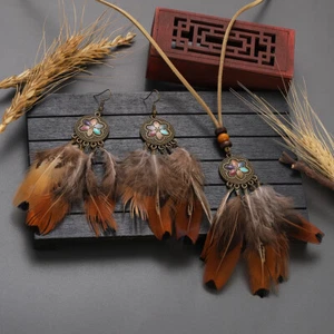 Bohemian Long Feather Earrings Set Ethnic Style Antique Alloy Flower Pendant - Picture 1 of 6