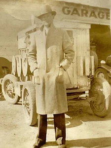 U3 Photograph Handsome Man Overcoat Fedora Hat Garage 1930's - Picture 1 of 3
