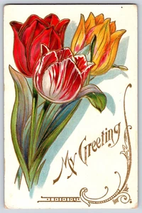 Cartolina WINSCH tulipani accenti inchiostro metallico mio saluto fiori in rilievo non pubblicati - Foto 1 di 3