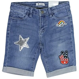 Tractr Girls' Bermuda Shorts Denim with Patches and Sequins, Light Wash Size 10 - Picture 1 of 2