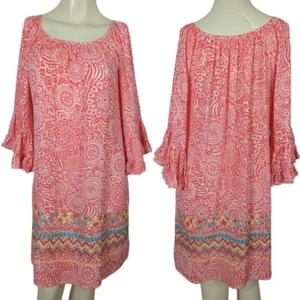 Uncle Frank 3/4" ruffled bell sleeve embroidered orange pink shift dress sz XS - Picture 1 of 18