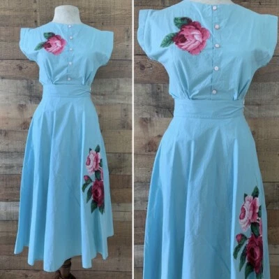 Vintage 1940’s 1950’s Two Piece Pique Cotton Rose Skirt Top Set Size XS/S - Image 1 of 4