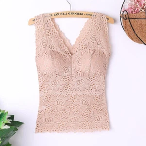 Women's Sexy V-neck Sleeveless Slim Solid Color Lace Camisole With Chest Pad - Picture 1 of 17