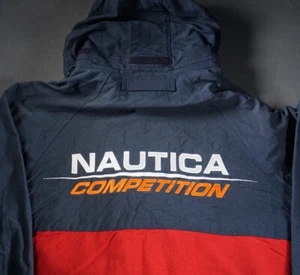 Vintage Nautica Jacket Mens Small Competition Blue Red Sailing 90s Logo Hooded - Picture 1 of 12