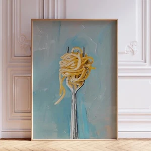 Blue Spaghetti Pasta on Fork Italian Kitchen Wall Art Print - Picture 1 of 6