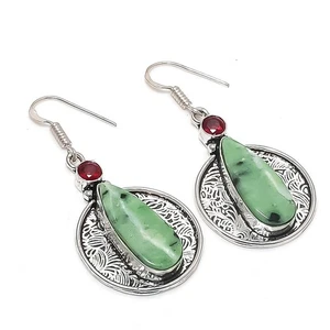 Ruby Zosite, Garnet Gemstone 925 Sterling Silver Jewelry Earring 2.05" - Picture 1 of 5