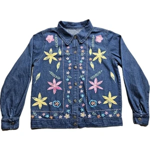 Grandmacore Shacket Womens Medium Blue Embroidered Floral Flowers Button Front - Picture 1 of 9