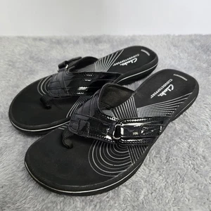 Clarks Cloudsteppers Sandals Women Size 7 Adjustable Strap Black Thong - Picture 1 of 8