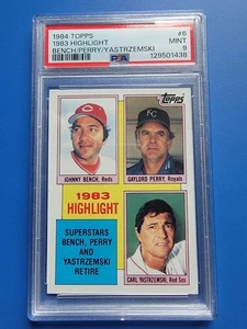 Johnny Bench/Yastrzemski/Perry 1984 Highlights Topps Baseball Card #6 PSA 9 MINT - Picture 1 of 12
