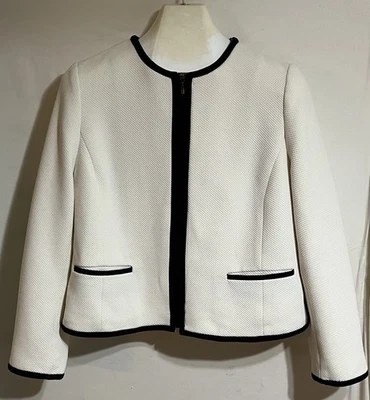 Blazer Talbots Mujer 14 P Blanco Negro Borde Chaqueta Carrera Preppy Oficina J Foto 1 de 4