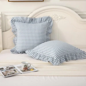 Light Blue Plaid Ruffle Throw Pillow Covers Set of 2,Washed Cotton Shabby Che... - Picture 1 of 7