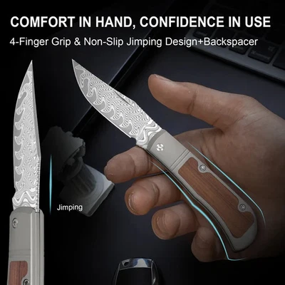 Cuchillo Plegable Caballete para Cubiertos Kizer 27/8 Hoja de Acero Damasco Titanio/Mango de Madera Foto 1 de 4