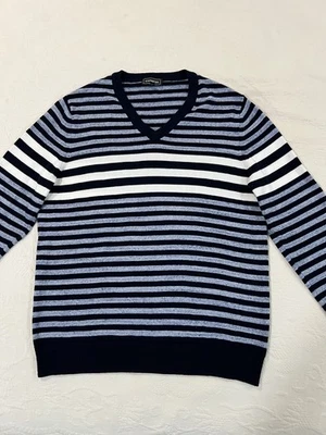 Suéter informal Express para hombre con cuello en V azul marino/blanco a rayas 100 % algodón Foto 1 de 4