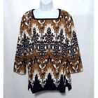 Alfred Dunner Square Neck Top Pullover City Nights Brown Black Size Medium