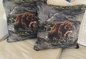 Black Bear Tapestry Throw Pillows Pair Set 2 20" x 20" Lodge Rustic Cabin - Picture 1 of 7