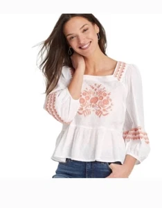Universal Thread Gr. XL weiß koralle bestickt Boho Schweizer Punkte Schößchen Top - Bild 1 von 9