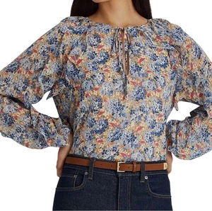 Lauren Ralph Lauren Womens Floral Crinkle Georgette Tie-Neck Blouse in Blue, XL - Picture 1 of 11