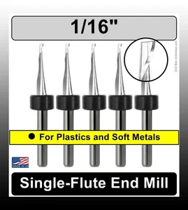 5x 1/16" 1-Flute Single Flute End Mill 1/8 Shank - Aluminum Copper Plastics CNC - Picture 1 of 3