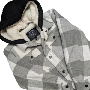 Urban Republic Boys Flannel Shirt Jacket Sherpa Hood Gray Check Shacket Large - Picture 1 of 19