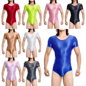 Mens Glossy Sheer Bodysuit Short Sleeve Bulge Crotch Thongs Jumpsuit Leotard Top - Picture 1 of 72