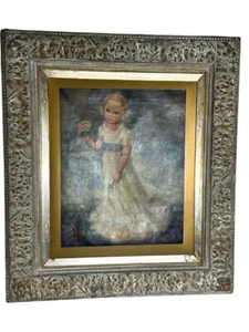 Antikes Ölgemälde junges Mädchen mit Blumenstrauß verzierter Rahmen Kunst 35x31 in 25 lb - Bild 1 von 17