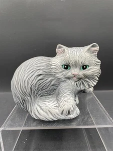 Ceramic Hobbyist Long Haired Laying Grey Cat Figure with Green Aqua Eyes 1985 - Picture 1 of 7