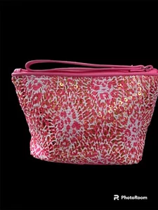 Vera Bradley Handgelenktasche rosa & weiß Spitze mit goldenen Pailletten gefüttert rosa Reißverschluss Top neu ohne Etikett - Bild 1 von 5