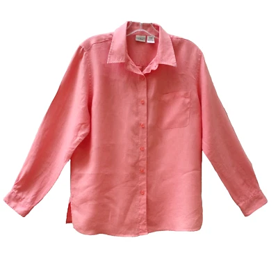 Gola feminina LL Bean tamanho M-Reg 100% linho rosa manga comprida com botões - Imagem 1 de 4