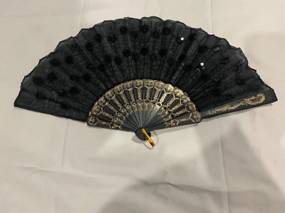 Folding Hand Fan Sequin Black Lace open size 16.5x9" - Image 1 of 2