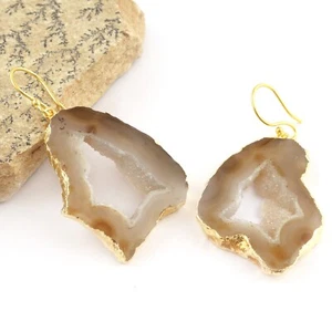 Natural Geode Slice Gold Electroplated Gemstone Dangle Earring, Birthday Gift - Picture 1 of 2