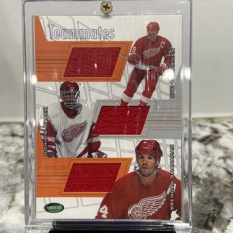 Steve Yzerman, Dominik Hasek, Brendan Shanahan 2001 Parkhurst Triple Jersey #/80 - Image 1 of 4