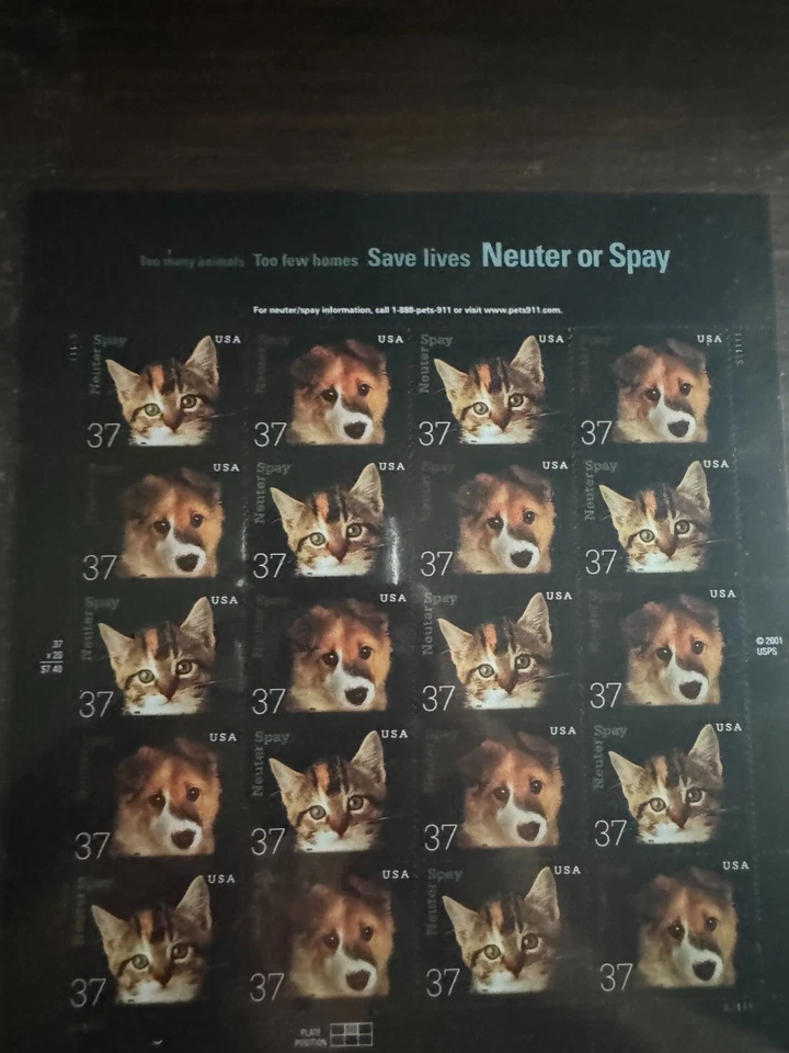 Scott #3670-3671	Neuter or Spay Sheet of 20 37¢ Stamps (2002) - Image 1 of 1