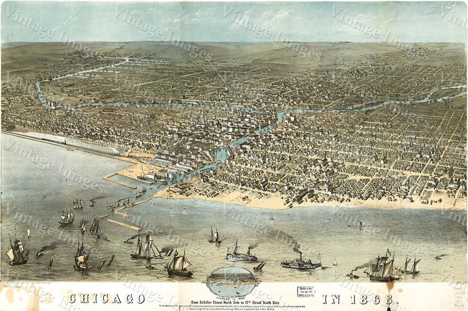 Map of Chicago Historic Ruger's 1868 Birdseye view  Illinois Boats waterfront - Image 1 of 1