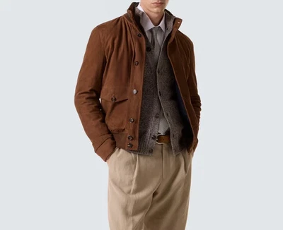 Mens Brown Pure Suede Leather Bomber Aviator Jacket Custom Size S M L XL 2XL 3XL - Image 1 of 4