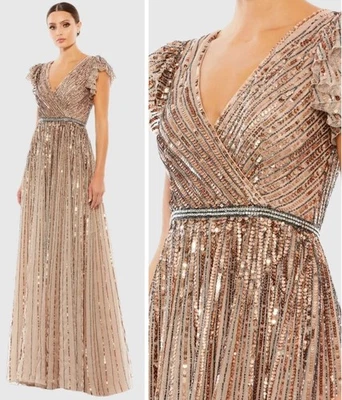 Vestido largo Mac Duggal talla 12 beige con lentejuelas con volantes manga gorra 5502 nuevo con etiquetas Foto 1 de 4