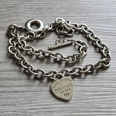 Tiffany Co. Silver 925 Sterling 60 Grams Heart Tag Charm Bracelet Chain 18"  - Image 1 of 4