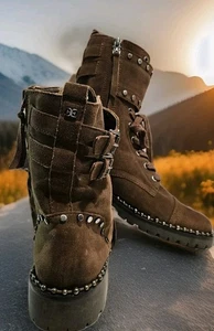 Sam Edelman Womens 8.5 Jennifer Brown Combat Boot Studs Lace Up Zip Buckle EUC  - Picture 1 of 7