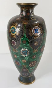Antique Japanese Cloisonne Vase Floral and Green Foil Design, As Is - Picture 1 of 16