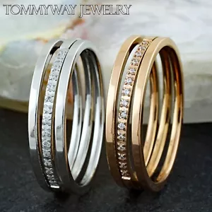 Stainless Steel Modern 0.15 Ct CZ Stripe Ring Choose Silver or Rose Gold Plated - Picture 1 of 3