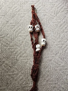 Macrame Hanging Plant Owls Ceramic Beads Brown Nylon Cord Metal Ring 40" MCM - Picture 1 of 4