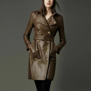 Womens Pure Leather Brown Coat Double Breasted Coat Steampunk Gothic Trench Coat - Picture 1 of 3
