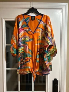 Aum-Couture Orange Print Silk Blouse Large Unique Bright Nautical EUC - Picture 1 of 6