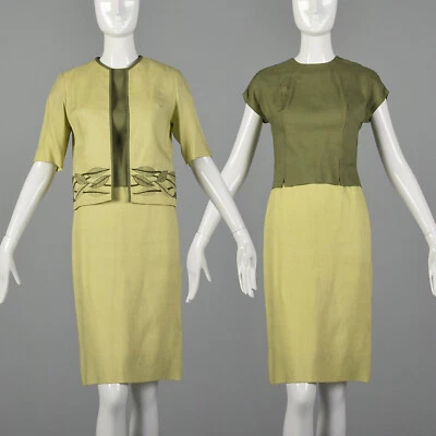 XXS 1960s Green Skirt Suit Three Piece Jacket Blouse Linen Set Spring 60s VTG - Image 1 of 4