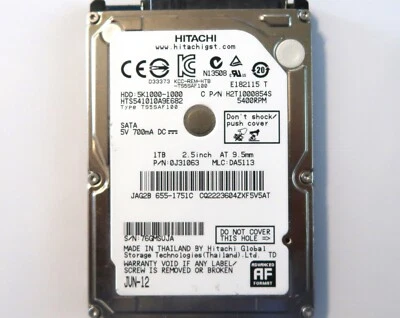 Hitachi HTS541010A9E682 0J31063 DA5113 Thailand 2.5" 1TB 2.5" Sata HDD JUN-12 - Image 1 of 3