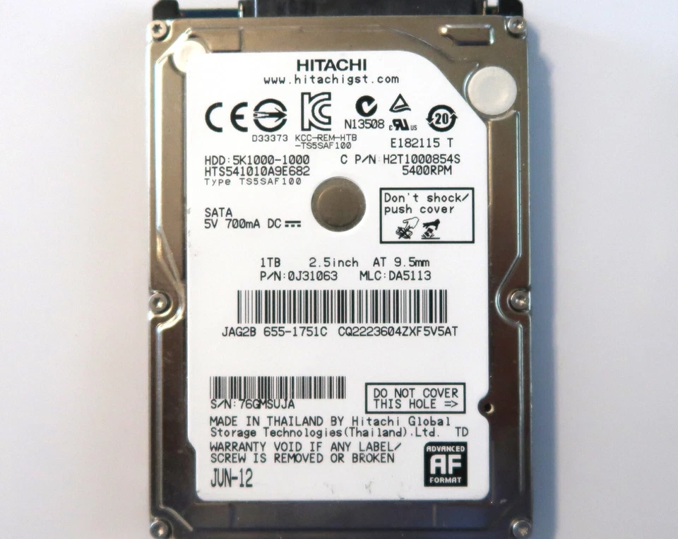 Hitachi HTS541010A9E682 0J31063 DA5113 Thailand 2.5" 1TB 2.5" Sata HDD JUN-12 - Image 1 of 3