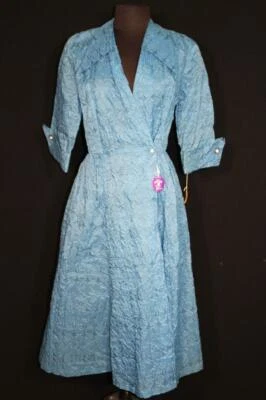 Rare Vintage 1950'S Deadstock Bleu Gaufre Nylon Long Robe de Chambre Taille 6-8 - Photo 1/4