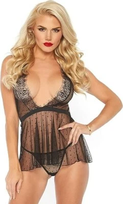 Conjunto de lencería Leg Avenue para mujer 2 piezas halter babydoll y tanga a juego negro Foto 1 de 2