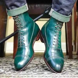 Men's Handmade Green Leather Oxford Toe-Cap Lace Up High Ankle Dress Boots Men - Picture 1 of 3