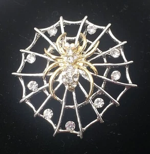 Spider In Web Brooch Pendant Rhinestones Silver & Gold Tone Fashion Gifts - Picture 1 of 6